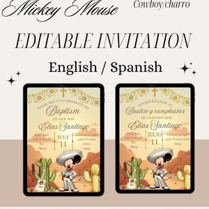 May include: An editable invitation featuring a Mickey Mouse cowboy design, available in English and Spanish. The invitation includes details for a baptism and a birthday celebration, with a cartoon illustration of Mickey Mouse in a cowboy outfit.