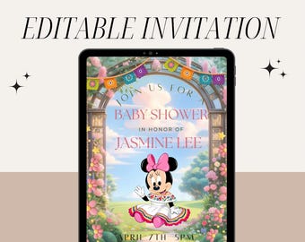 Uitnodiging babyshower Minnie | Bewerkbaar Mexicaans Fiesta-thema (digitale download)