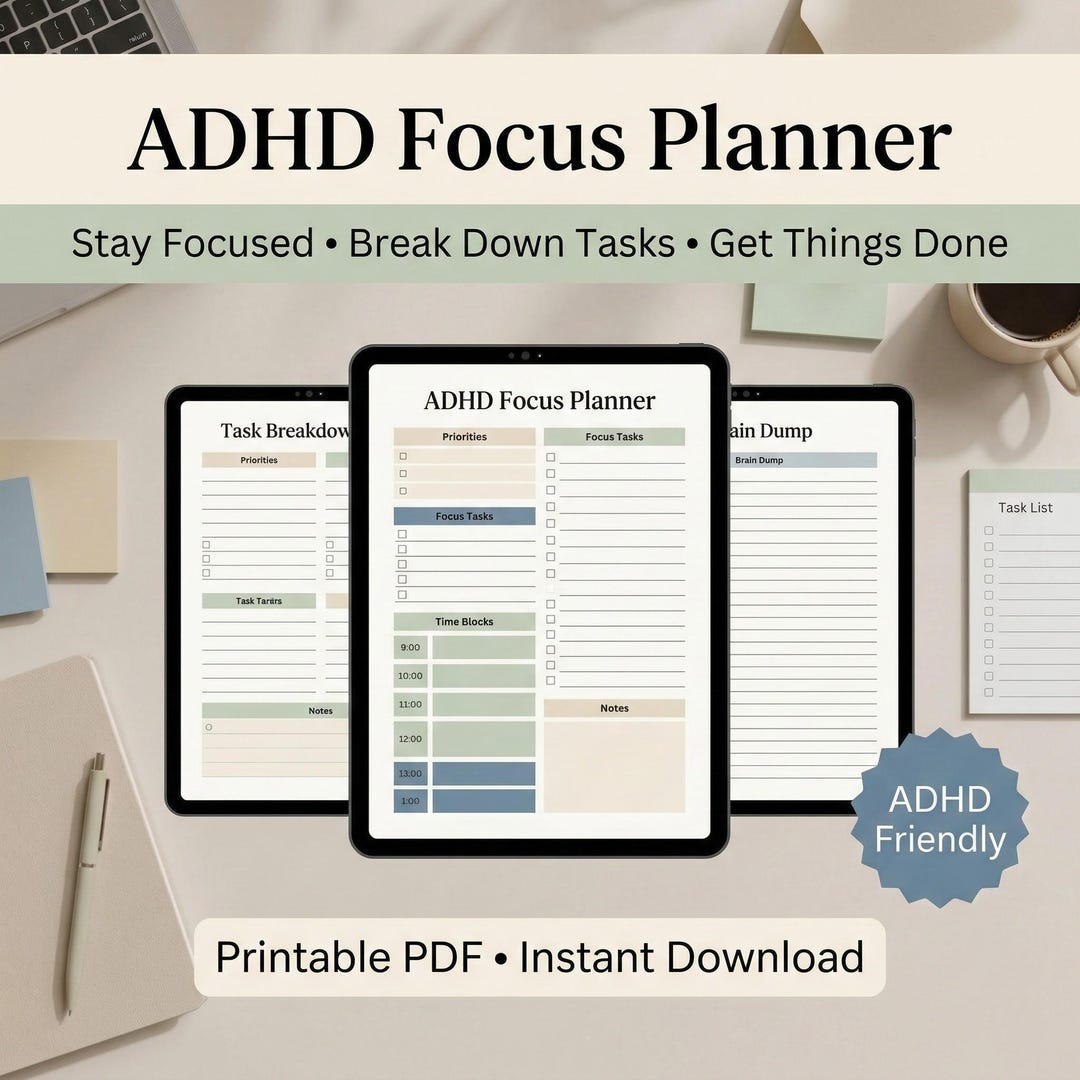 ADHD Daily Focus Planner | Productivity, Organization System (PDF ...