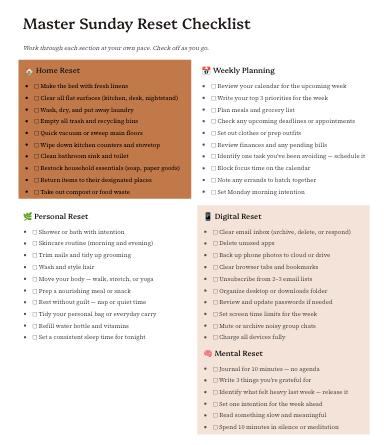 Sunday Reset Checklist Printable | Weekly Planning & Self-care Routine ...