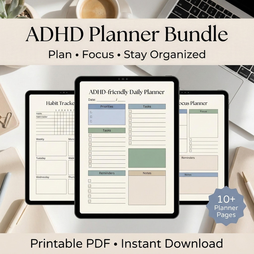 ADHD Planner Bundle Printable | Daily Focus, Time Blocking ...
