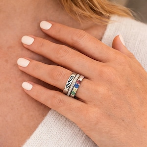 Custom Birthstone Stackable Rings, Personalized Mom Name Ring Set, Family Stacking Rings, Mother’s Day Gift for Her, Custom Family Jewelry
