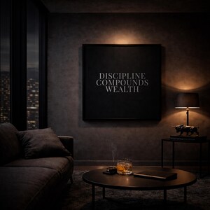 Discipline Compounds Wealth Poster – Dark Minimalist Office Decor (Digital Download)