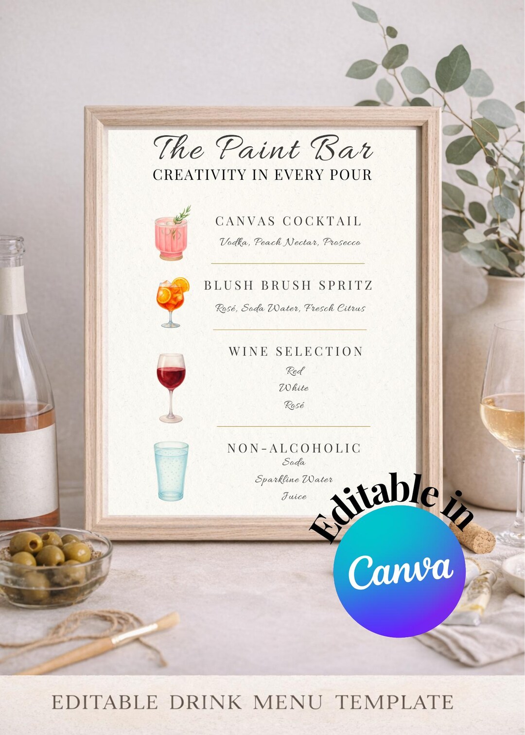 Paint and Sip Drink Menu Template, Editable Cocktail Party Decor (canva ...