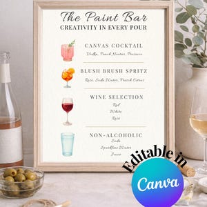 May include: A wooden-framed drink menu with the title "The Paint Bar" and the tagline "Creativity in Every Pour." The menu features cocktail, wine, and non-alcoholic drink options. The design is editable in Canva.