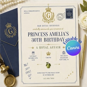 May include: A cream-colored invitation card for Princess Amelia's 30th birthday, featuring gold crown and crest graphics, blue text, a Genovia postage stamp, and a pear illustration. The card includes event details and a blue circular Canva logo.