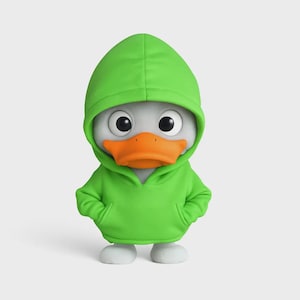 May include: A cartoon duck figurine wearing a bright green hoodie. The duck has a white head, large black eyes, and an orange beak. The hoodie has a hood and pockets, and the duck is standing on white feet.
