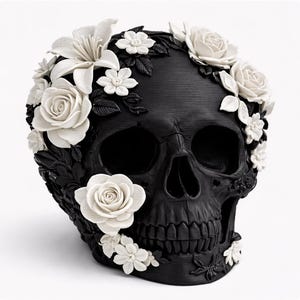 3D Printed Floral Skull Decor, Roses, Dark Desk Ornament, Two-Tone Goth Art