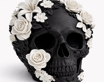 Decoración de calavera floral impresa en 3D, rosas, adorno de escritorio oscuro, arte gótico bicolor
