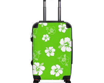 Maleta con estampado floral de hibisco blanco / Funda para equipaje con estampado tropical verde