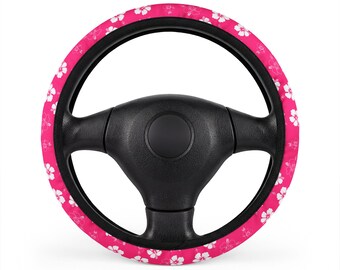 Funda para volante de coche con estampado floral de hibisco rosa / Bonito accesorio