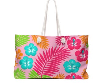 Tropical Hibiscus Floral Weekender Bag | Beach Tote, Palm Leaf Pattern
