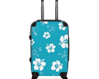 ホワイトハイビスカス柄スーツケース | ティールカラーのトロピカル柄スーツケースカバー