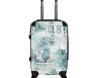 Maleta con paisaje urbano en acuarela / Maleta con diseño de arquitectura vintage