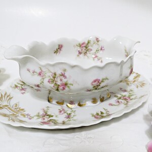 Antique Haviland Limoges Gravy Boat: Pink Roses, Gold Accents
