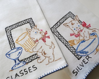 Vintage SET of CATS KITTY Kitten China Glass Embroidered Cotton Embroidery Dish towel Tea Crewel Embroidery Cross Stitch