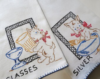 Vintage SET of CATS KITTY Kitten China Glass Embroidered Cotton Embroidery Dish towel Tea Crewel Embroidery Cross Stitch