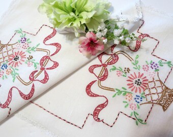 Vintage Doily, Hand Embroidered Table Top Doily or Small Dresser Scarf, 17 by 10, Flower Basket Design, Cottage Decor, Sweet Vintage Linens