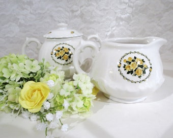 Vintage Creamer and Sugar Bowl, Standard Size Ceramic Covered Sugar Bowl and Milk Jug with Yellow Roses, Vintage Cottage Kitchen Decor