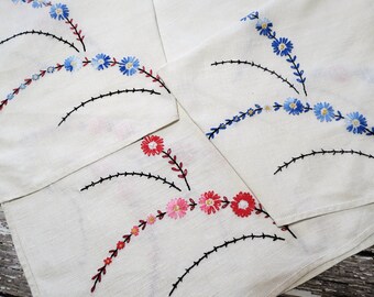 Small Vintage Linen Tablecloth or Luncheon Cloth, 34 x 33, Hand Embroidered in Shades of Red, Blue, Burgundy Black, Cottage Décor