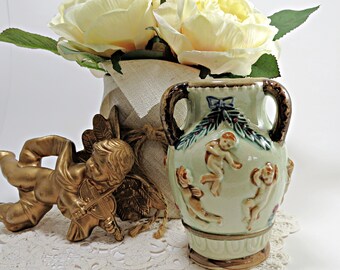 Vintage Tri-Handled Cherub Vase: Hand-Painted Ceramic Putto, Made in Japan
