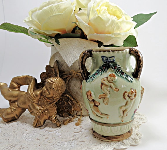 Vintage Tri-Handled Cherub Vase: Hand-Painted Ceramic Putto, Made in Japan