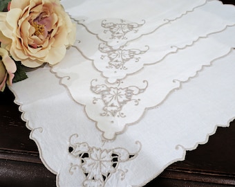 4 Small Vintage Napkins, Tea, Cocktail or Beverage Napkins, Taupe and Cream Colored, Cutwork Embroidered Linen Napkins, Vintage Linens