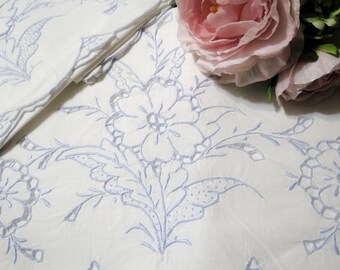 Vintage Pillowcases with Cutwork Embroidery, Decorative Pale Blue and White Standard Sized Pillowcases, Cottage Style Décor, Vintage Linens