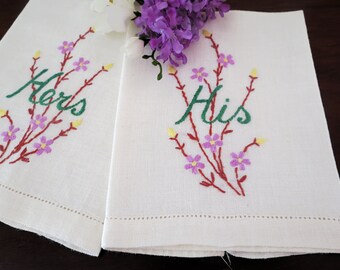 2 Small Vintage Hand Towels, His and Her Decorative Embroidered Towels, Green Lavender Brown and Yellow,  Cottage Décor, Vintage Linens