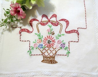 Table Top Doily Old World Charm Cut Work Embroidery Vintage Linens White on White Embroidery Small Vintage Table Runner  Dresser Scarf