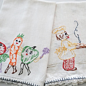 Vintage Hand Embroidered Tea Towels: Chef & Vegetable Design