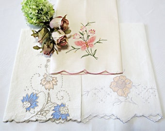 3 Vintage Linen and Cotton Tea Towels w Floral Appliques and Embroidered Details, Pink, Peach and Blue, Cottage Decor, Vintage Linens