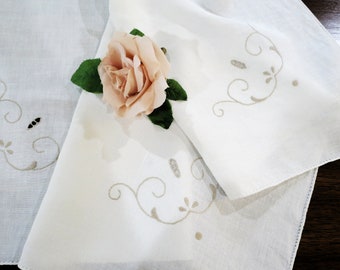 Vintage Linen Tablecloth with Cutwork Embroidery, Ivory and Beige, 33 x 34, Luncheon Cloth, Vintage Linens