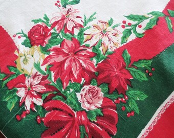 Vintage Christmas Tablecloth, Festive Holiday Dinning Decor, Heavy Cotton, 68 x 50, Pink, Red and Green Poinsettias, Vintage Linens