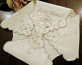 Embroidered Linen Hot Roll Cover: Vintage Cream & Taupe Biscuit Liner