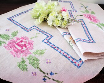 Vintage Linen Dresser Scarf or Table Runner, Natural Colored Linen with Pink Roses, Green Leaves and Blue Accents,  Cottage Décor