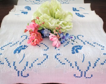 Vintage Linen Table Runner or Dresser Scarf with Blue and White Embroidered Flowers, 38 1/2" by 14", Cottage Décor, Vintage Linens