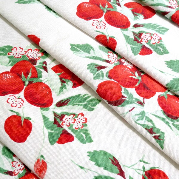 Mid Century Table Runner, Extra Long 61 x 18, Red Strawberries and Daisies, 1950's Kitsch,  Sailcloth Material, Sweet Cottage Decor