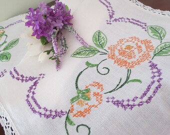Vintage Table Runner or Dresser Scarf, Hand Embroidered, Purple, Gold and Green, Smooth Cotton Fabric, Lace Trim, Cottage Décor