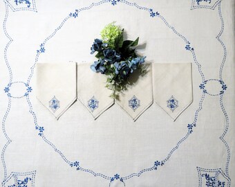 Small Embroidered Vintage Tablecloth or Luncheon Cloth with 4 Matching Beverage Napkins, Natural Colored Linen w Royal Blue Embroidery