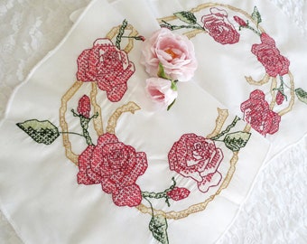 Vintage Dresser Scarf or Table Runner, Lightweight Poly / Cotton Blend, Red and Burgundy Roses, 40 by 13 1/2, Vintage Linens, Cottage Décor