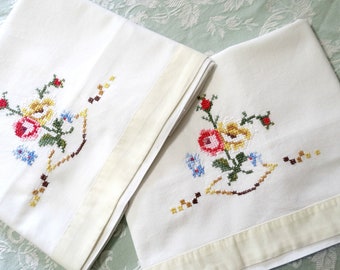 Small Vintage Pillowcases with Cross Stitch Roses, Embroidered Pillowcases, White Cotton, Yellow Trim, Cottage Decor, Vintage Linen