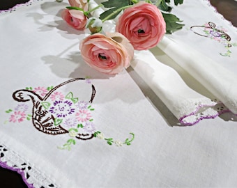 Small Vintage Table Runner or Dresser Scarf, Hand Embroidered in Shades of Lavender, Purple and Pink, 29 x 15, Cottage Decor, Vintage Linens