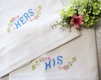 Vintage His and Her Pillowcases, Hand Embroidered Cottage Style Standard Size Pillowcases, Blue and Pink, Vintage Linens