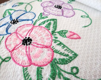 Vintage Embroidered Dresser Scarf or Table Runner, Lavender, Pink, Blue and Green, 31 x 14, Cottage Décor, Vintage Linens