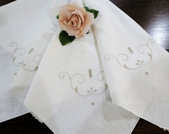 Vintage Linen Tablecloth: Ivory Cutwork Embroidery, Luncheon Cloth (33 x 34)