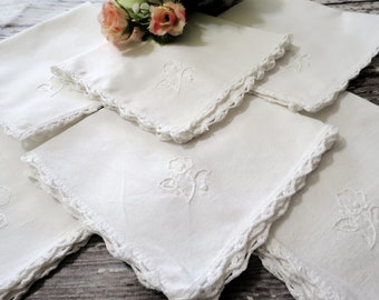 6 Snowy White Cotton Beverage Napkins, Embroidered Hors d'oeuvres Or Tea Napkins, 10 x 10, Vintage Linens