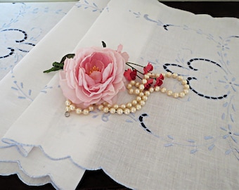 Embroidered Cotton Table Runner: Vintage Cottage Decor, Cutwork Details