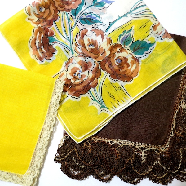 3 Vintage Handkerchiefs, Teal and Tan Printed Roses, Chocolate Brown Irish Linen and a Small Yellow Hankie w Lace Trim, Women's Hankies