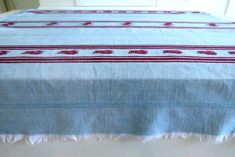 Fringed Edges 32 by 35 Turquoise and Dark Berry Bird Designs Small Woven Tablecloth Luncheon Cloth Sweet Vintage Linens